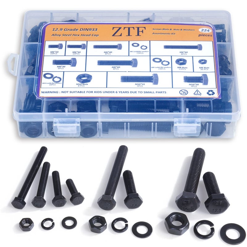 ZTF 224 PCS Metric M6 M8 M10 Heavy Duty Hex Cap Bolts and Nuts Flat & Lock Washers Assortment Kit, 12.9 Grade Alloy Steel Metric Fully Thread Hexagon Allen Machine Bolt, 8 Most Common Sizes, DIN 933 - Image 1